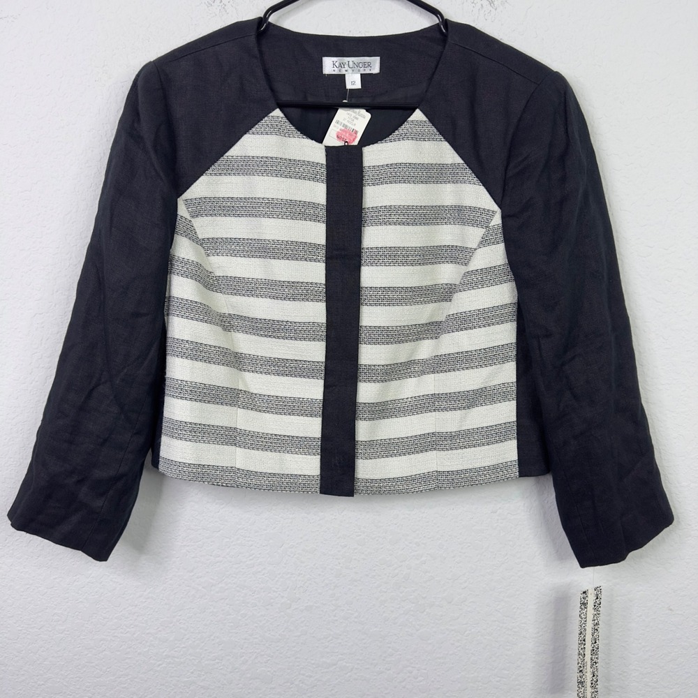 Kay Unger New York Blazer Women 12 Black White Striped Linen Quiet Luxury Career